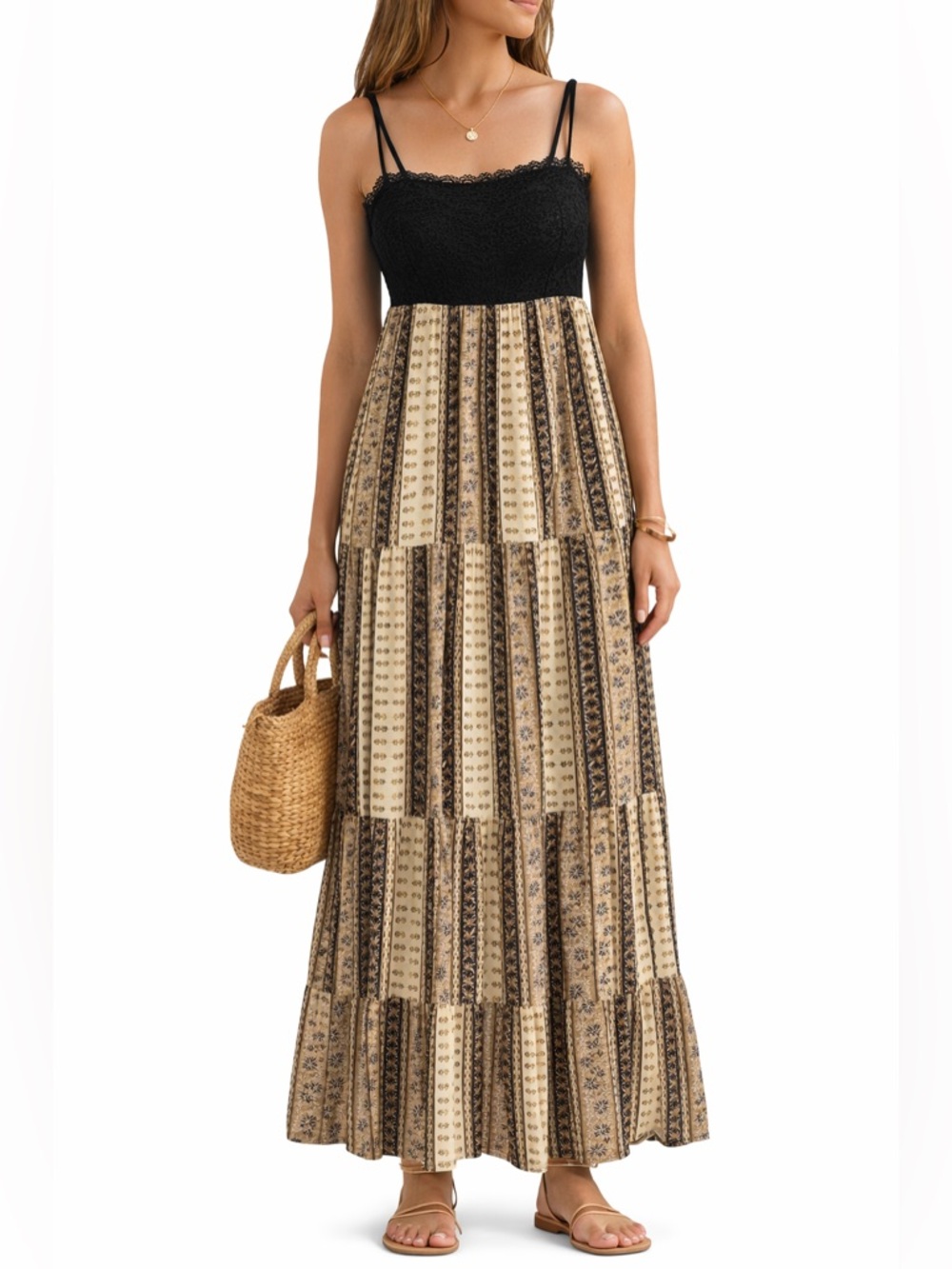 Bohemian Lace-Trim Maxi Dress with Black Bodice